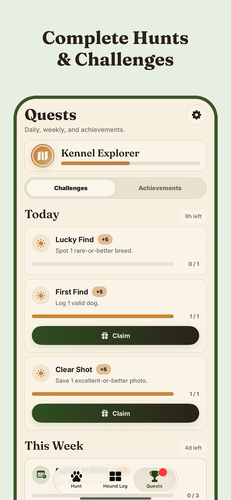 Hound Hunt quests and challenges screen